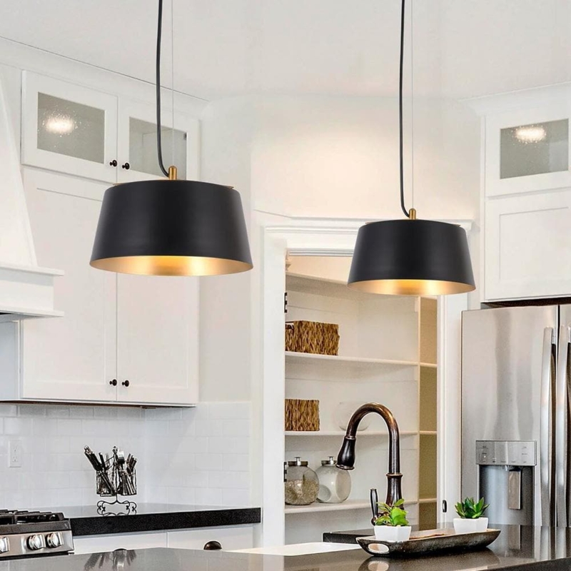 Pendant Light: Matte Black Dome with Brass Contrasting Rim Accent