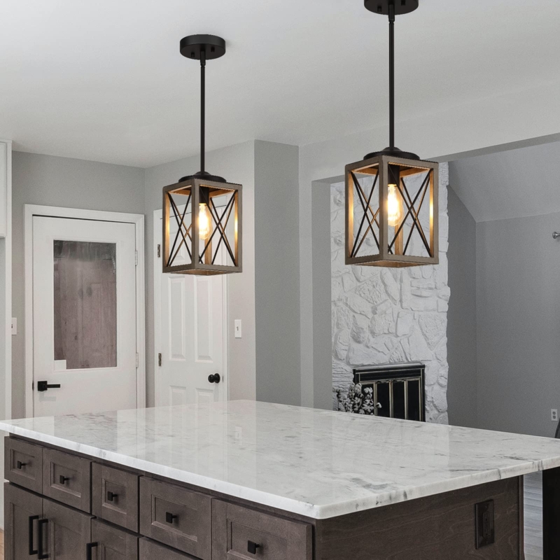 Pendant Light Matte Black Dome Wood Grain Accent Adjustable