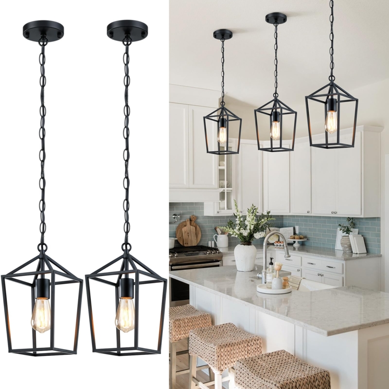Pendant Light Matte Black Finish Geometric Cage Industrial Farmhouse