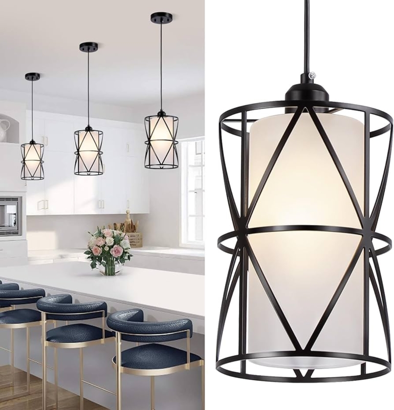 Pendant Light Matte Black Frosted Glass Cylindrical Kitchen Trio