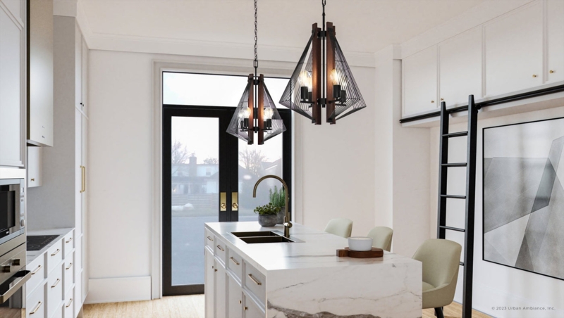 Pendant Light: Matte Black Lantern, Wood Toned Accent Band