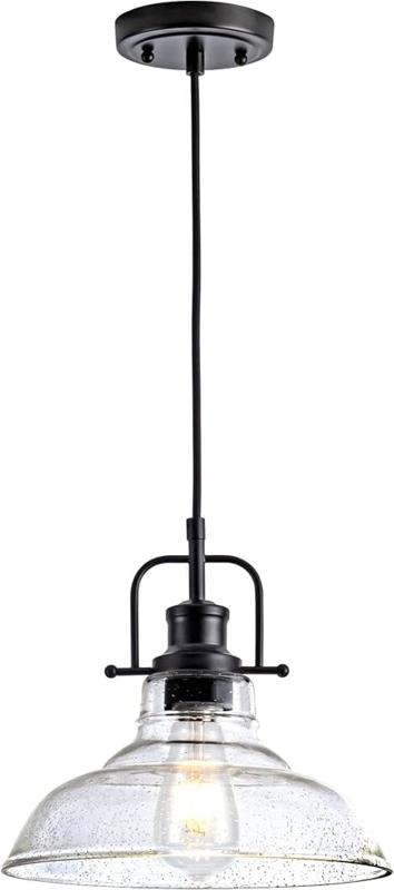 Pendant Light Matte Black Seeded Glass Bell Shade Industrial Farmhouse
