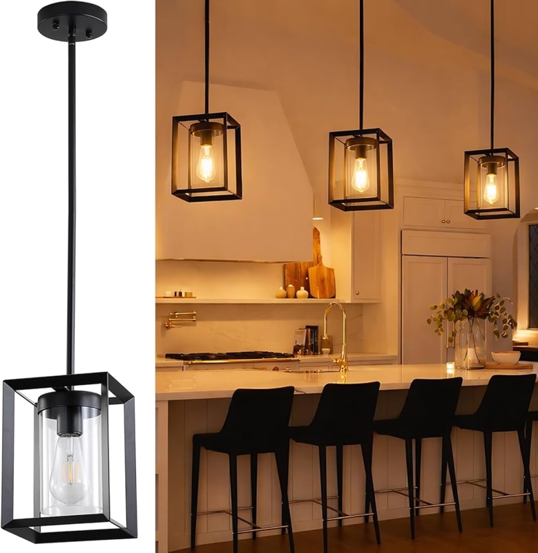 Pendant Light Matte Black Wire Cage Clear Glass Cylinder