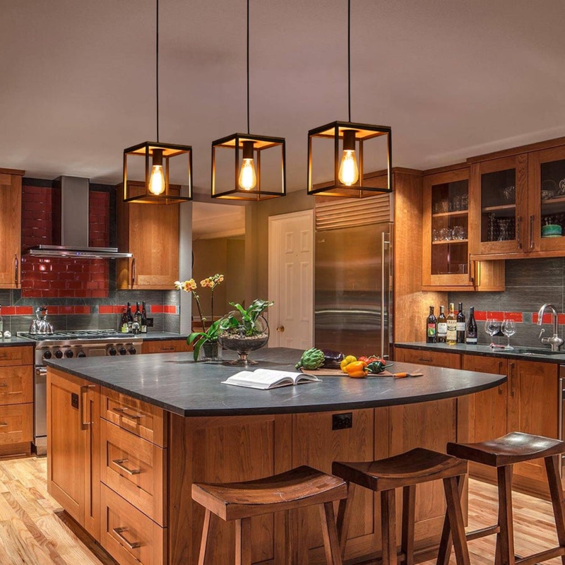 Pendant Light Matte Black Wood Toned Mixed Material Square Lantern