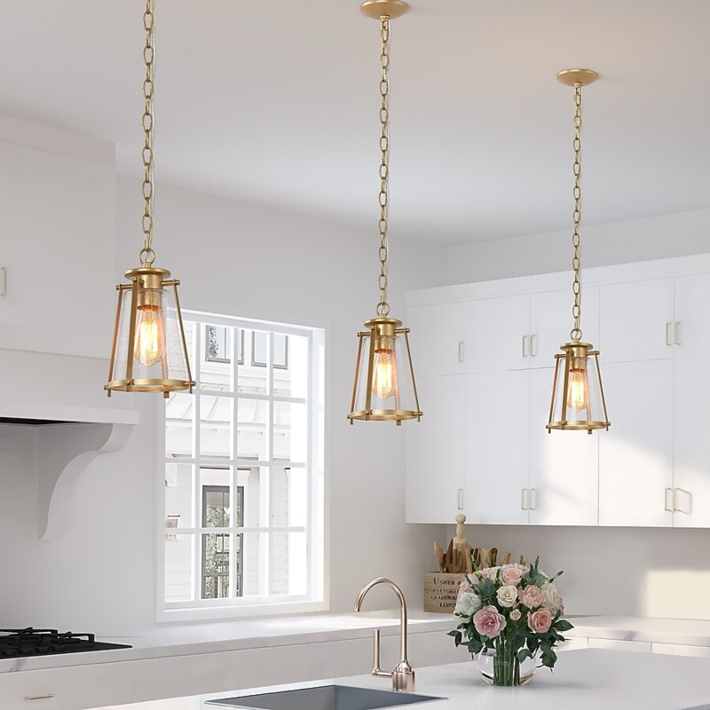 Pendant Light: Matte Gold Cone, Clear Seeded Glass, Transitional