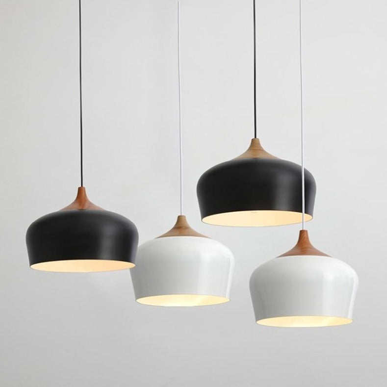 Pendant Light Matte Gray Dome Shade Wood Neck Accent Minimalist