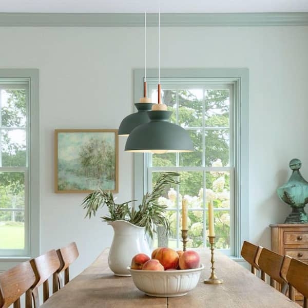 Pendant Light Matte Sage Green Dome Shade Wood Accent Scandinavian