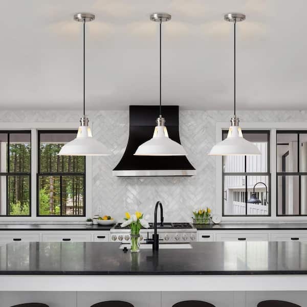 Pendant Light, Matte White Bell Silhouette with Wood Neck Detail