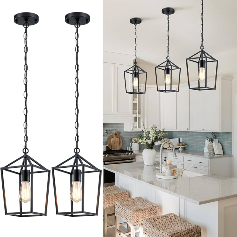 Pendant Light Metal Cage Design Matte Black Geometric Frame Exposed Bulb