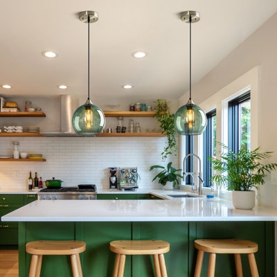 Pendant Light Mid-Century Gold Toned Globe Shade Rod Suspension
