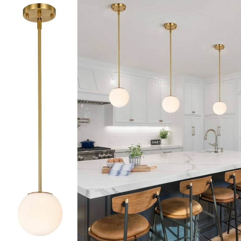 Pendant Light Mid-Century Milk Glass Globe Brushed Gold Adjustable Height