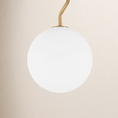 Pendant Light: Mid-Century Satin Brass S-Curve Arm with White Globe