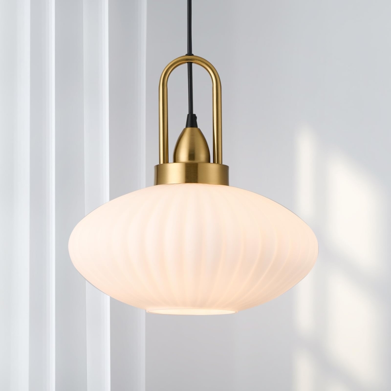 Pendant Light Milk Glass Globe Brass Hardware Mid-Century Spherical