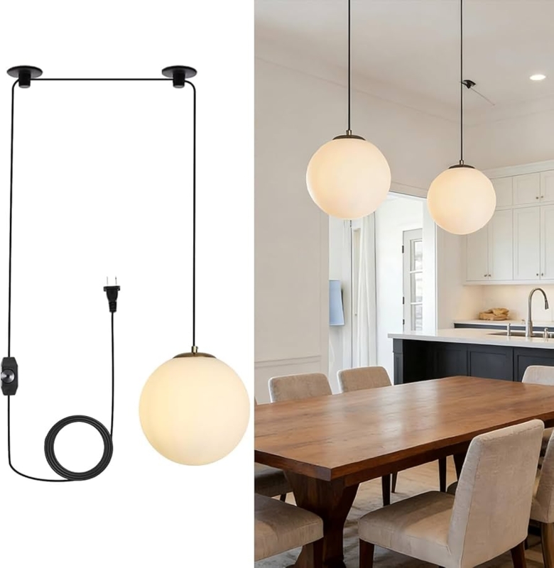 Pendant Light: Milk Glass Globe, Polished Gold Plug-in. Mid Century Modern.