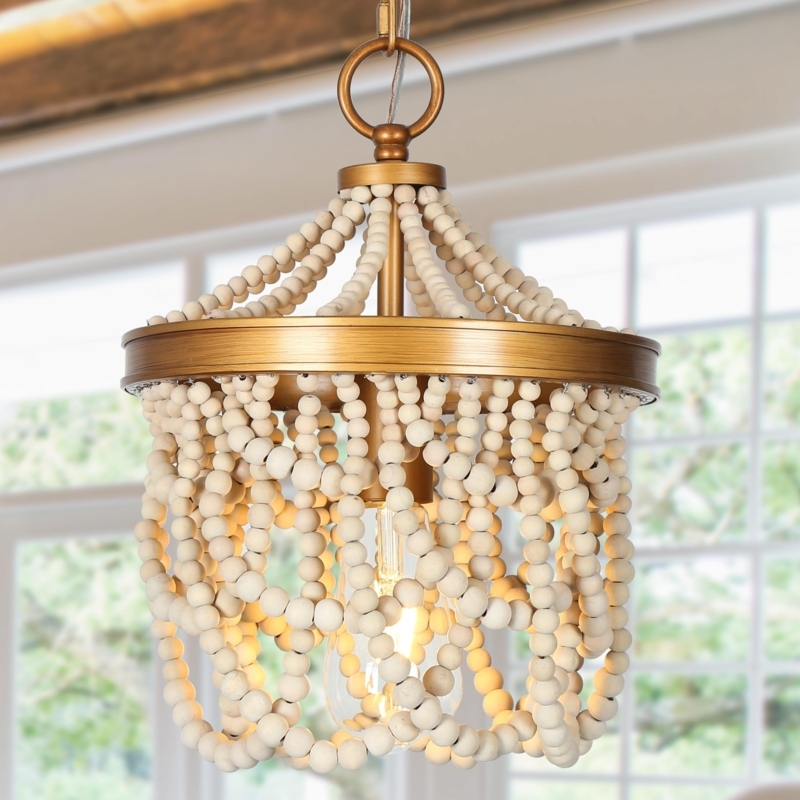 Pendant Light Mini Distressed White Wood Beads Farmhouse Kitchen
