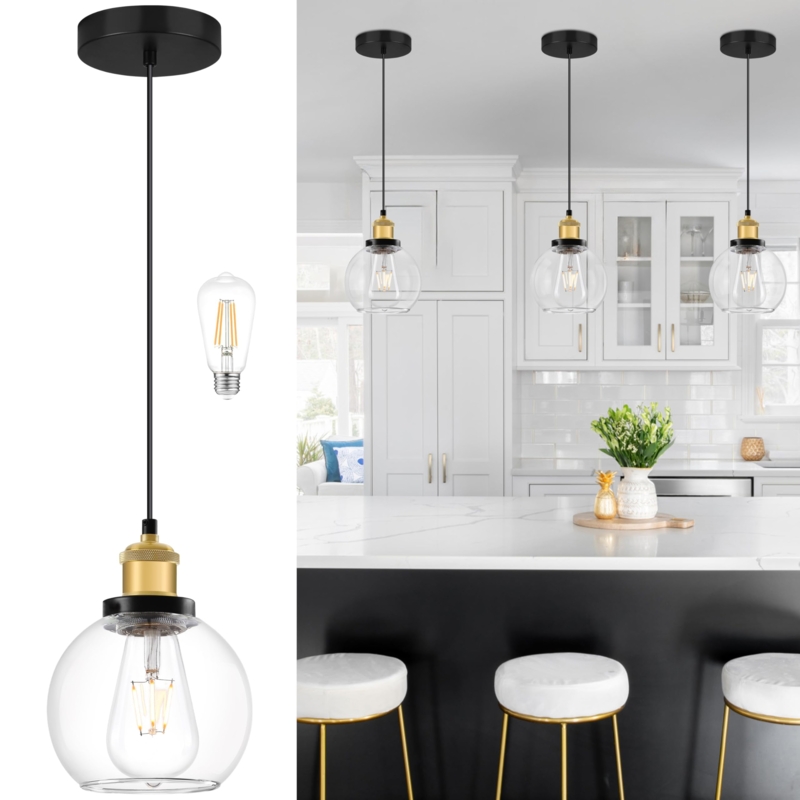 Pendant Light Mini Globe Clear Glass Black Gold Industrial Chic