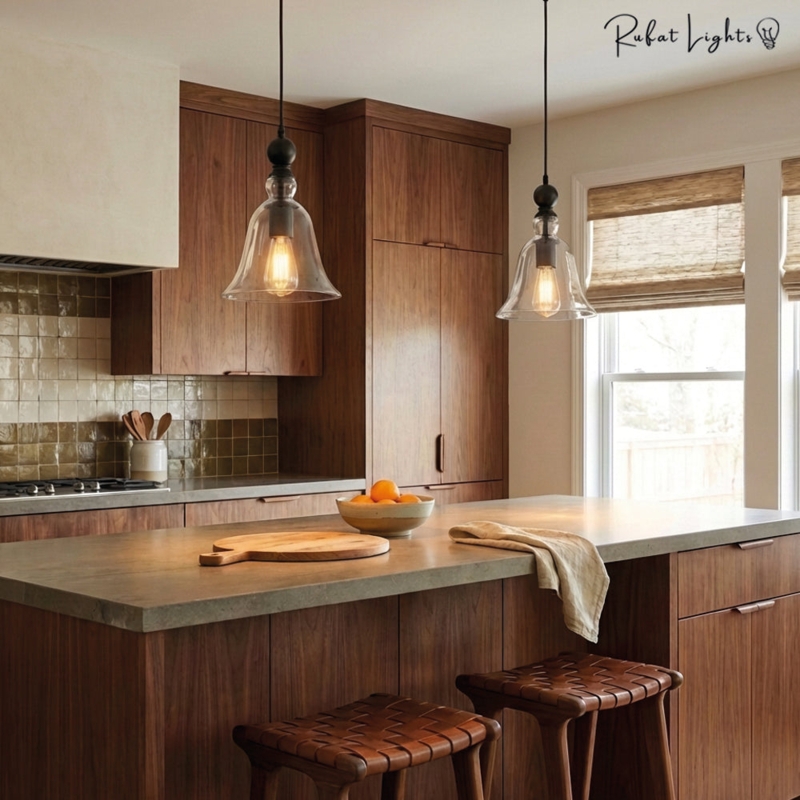 Pendant Light Minimalist Clear Glass Bell Brass Toned Industrial