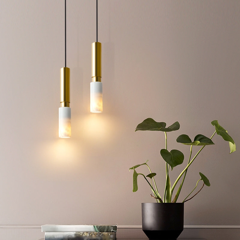 Pendant Light Minimalist Cylindrical Shade White Marble Pattern