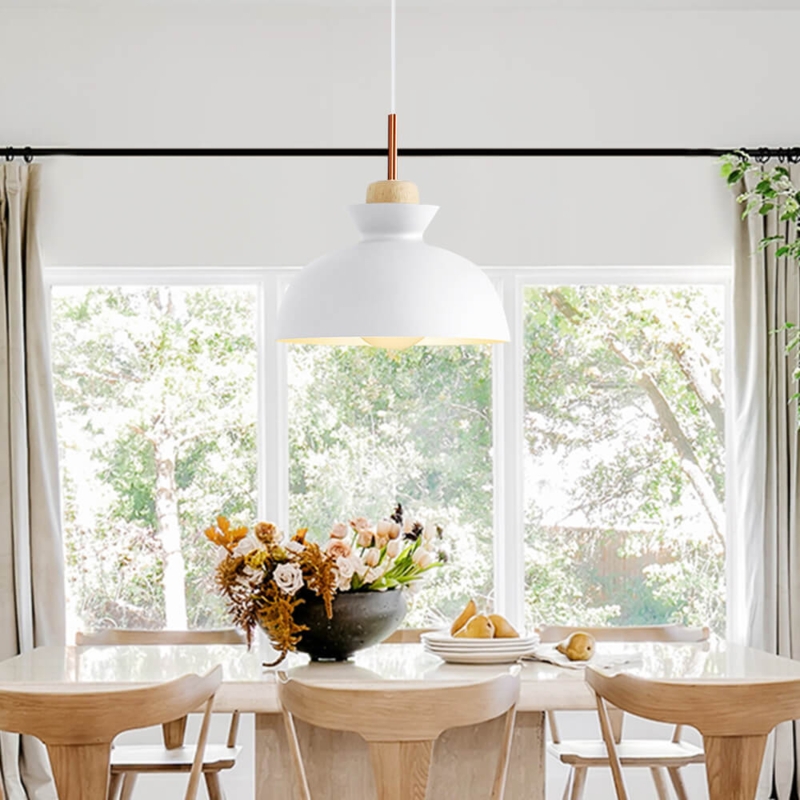 Pendant Light Minimalist Matte White Dome with Wood Interior Finish