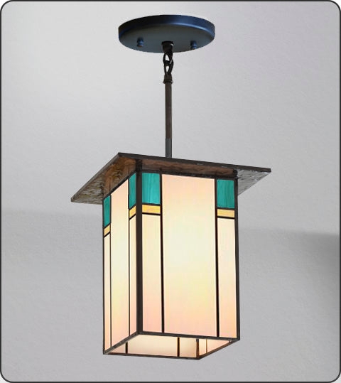 Pendant Light Mission Style Wood Frame Lantern with Art Glass Panels