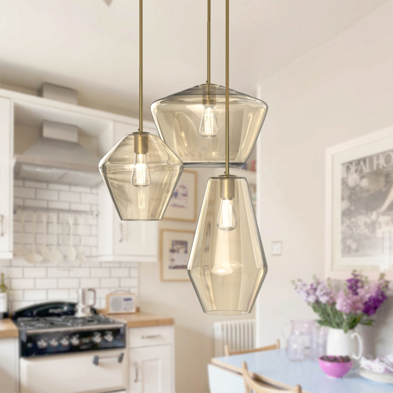 Pendant Light, Modern 3-Light Cluster, Cognac Fluted Glass