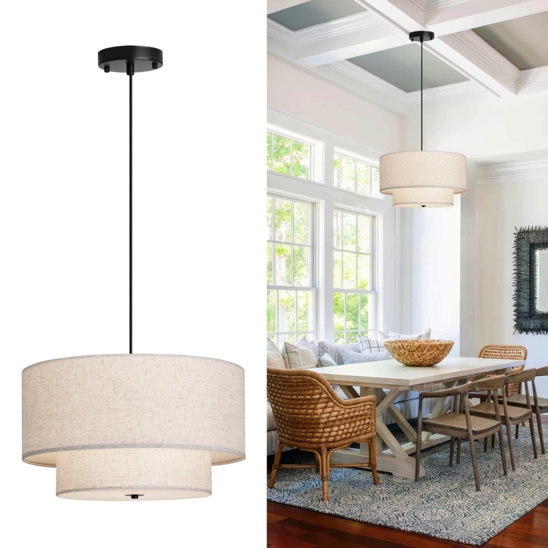 Pendant Light: Modern Double Drum Shade in Two-Tone Gray Fabric