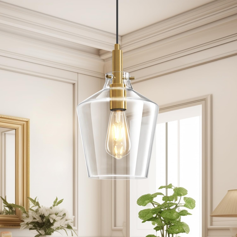 Pendant Light: Modern Farmhouse Gold with Angled Clear Glass Shade