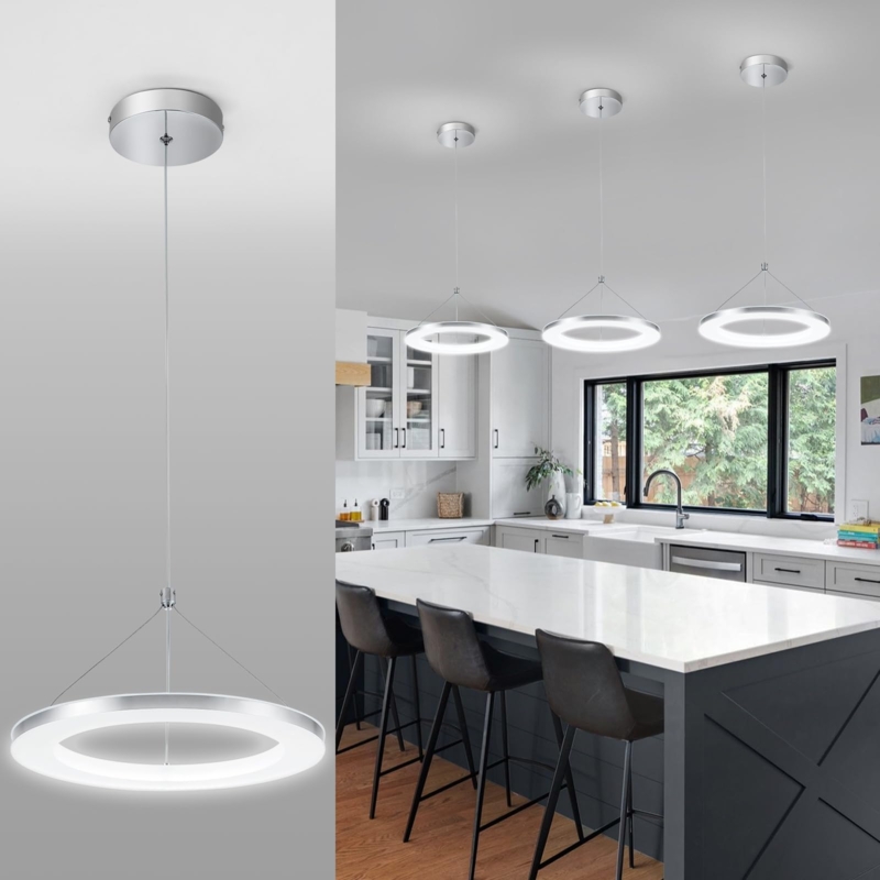 Pendant Light Modern LED Ring Polished Silver Finish Adjustable Height