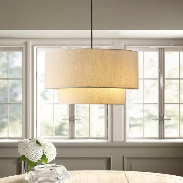 Pendant Light: Modern Two-Tier Drum Shade with Off-White Linen