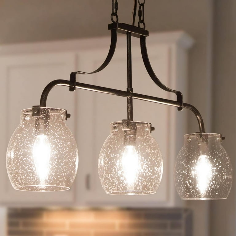 Pendant Light Mottled Black 3-Light Linear Seeded Glass Industrial