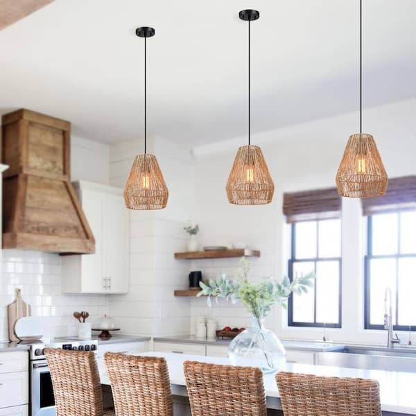 Pendant Light Natural Jute Rope Bell Shade with Black Hardware