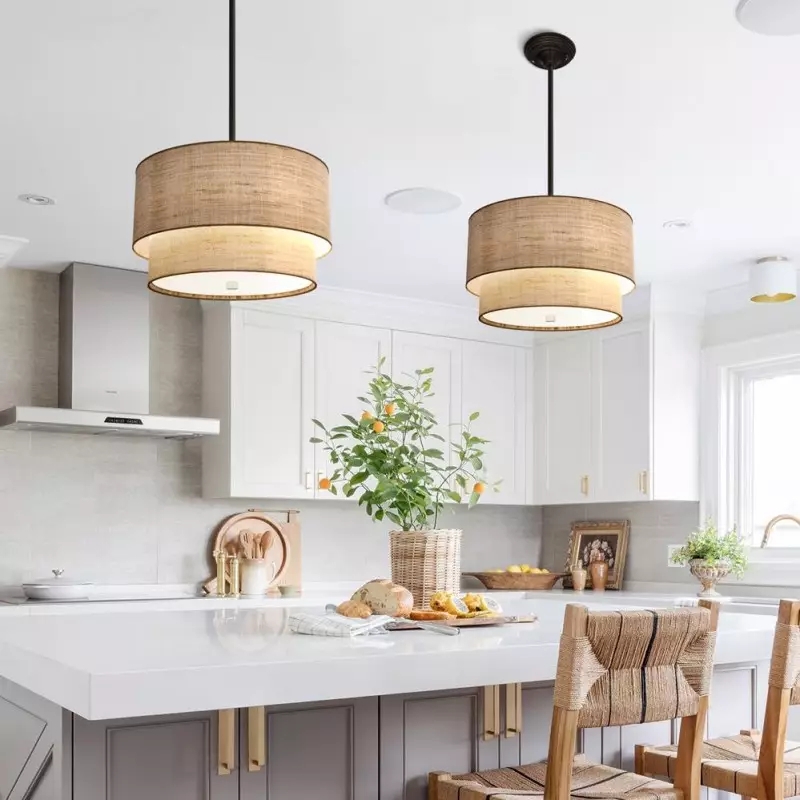 Pendant Light: Natural Linen Double Drum with Matte Black Finish