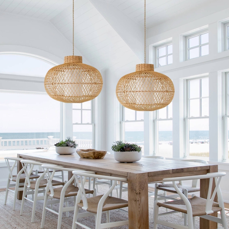 Pendant Light Natural Rattan Woven Bell Shade Coastal Style