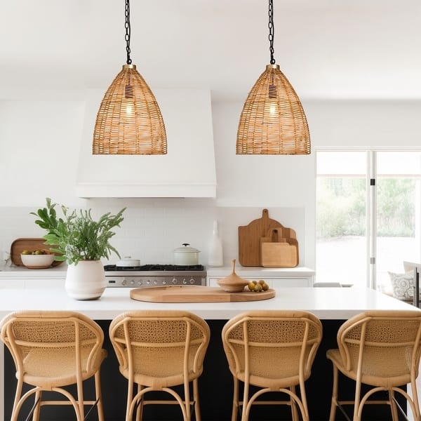 Pendant Light Natural Toned Open Weave Cone Shape Coastal Farmhouse