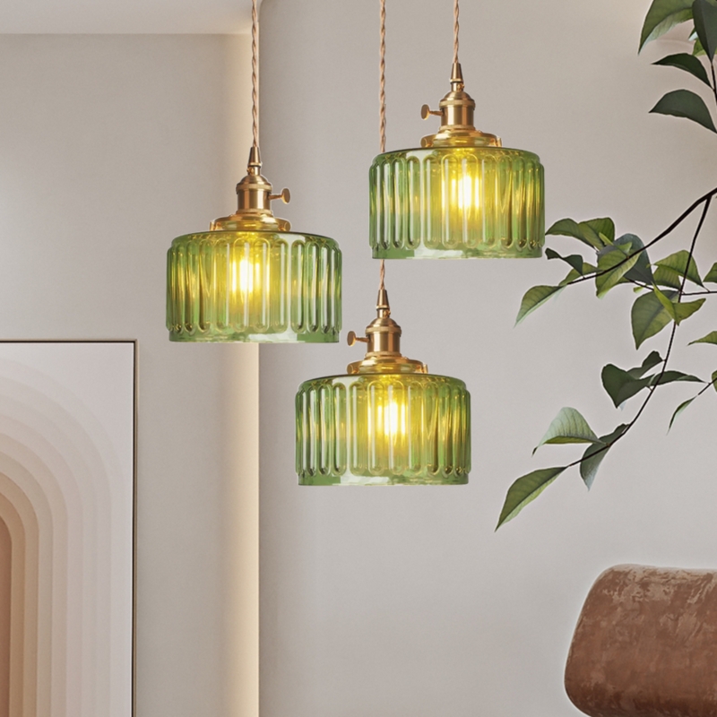 Pendant Light Nordic Style Forest Green Ribbed Glass Brass Hardware