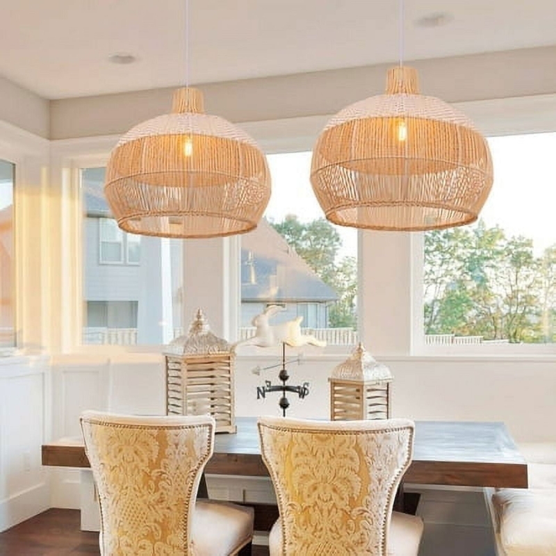 Pendant Light Off-White Wicker Basket Shade for Coastal Kitchen Island