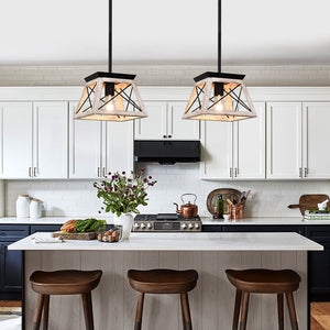 Pendant Light Open Box Frame Wood Toned White Farmhouse Lantern