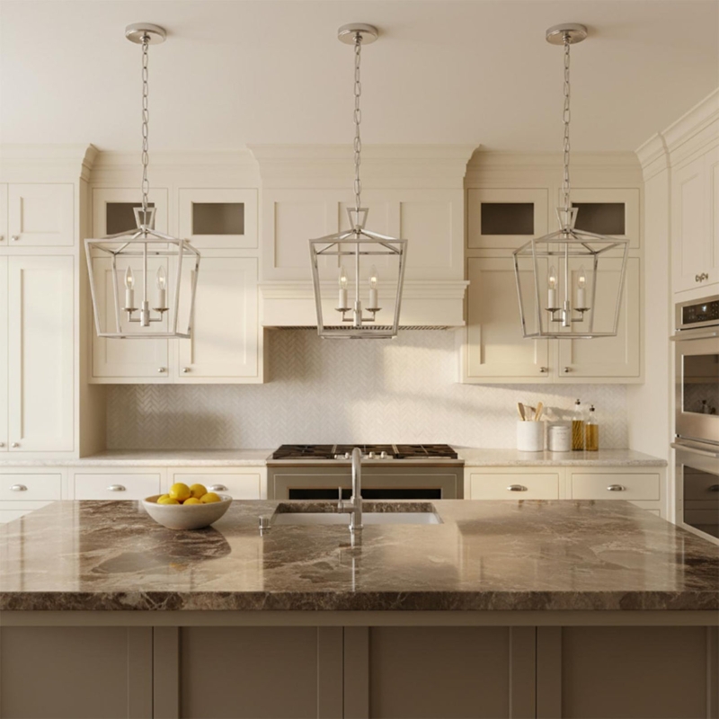 Pendant Light Open Frame Lantern Polished Nickel Square Transitional