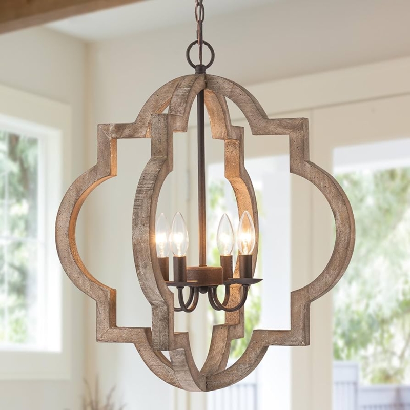 Pendant Light Orb Distressed Wood Frame Black Metal Core Farmhouse