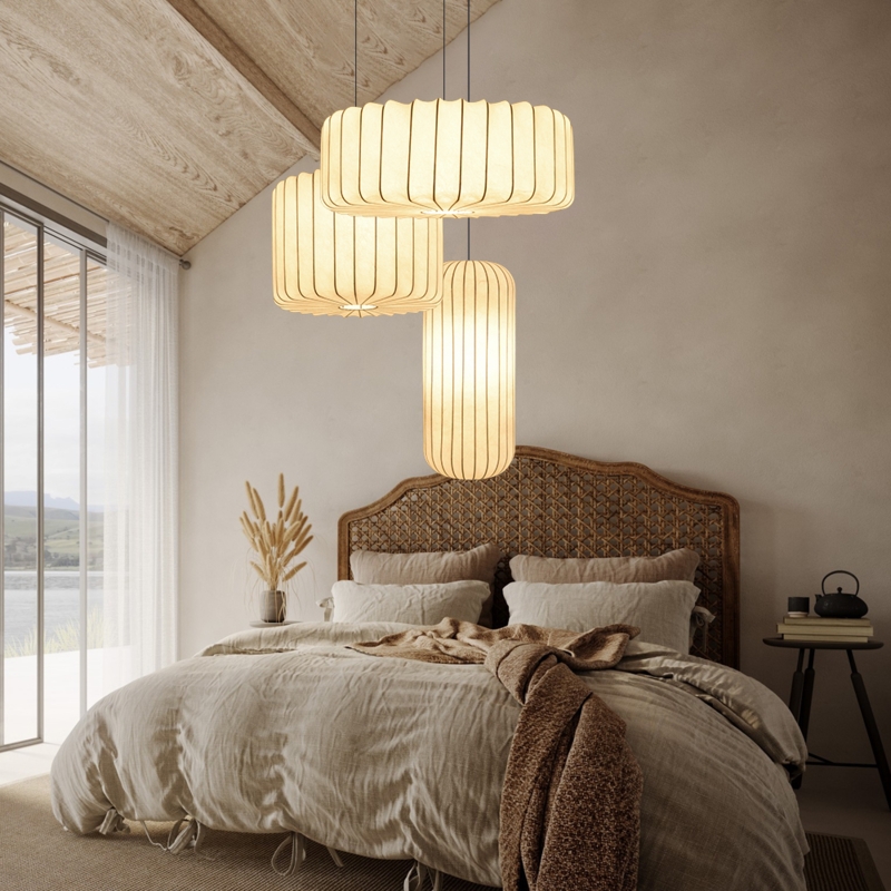 Pendant Light Organic Lantern Pleated Fabric Shade Cream Japandi Style
