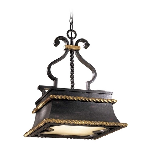 Pendant Light Ornate Scrollwork Amber Fluted Glass Antique Bronze