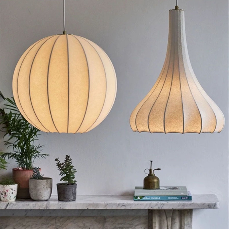 Pendant Light Oval Silhouette Pleated Fabric Off-White Scandi Style