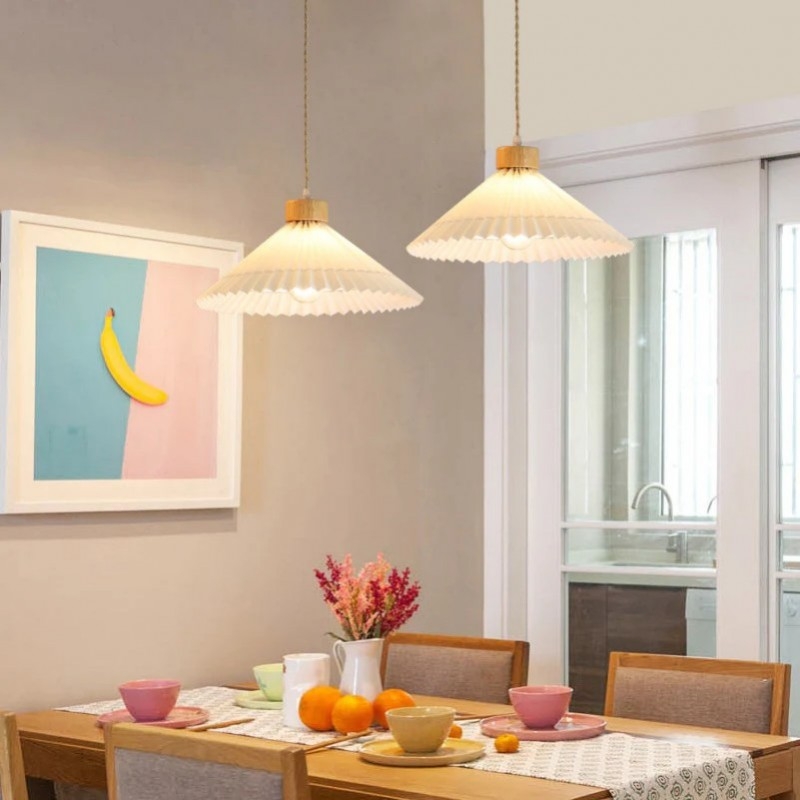 Pendant Light: Oversized Beige Pleated Drum Shade, Japandi