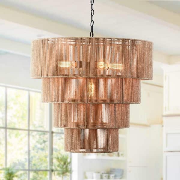 Pendant Light: Oversized Four Tiered Woven Rattan Chandelier