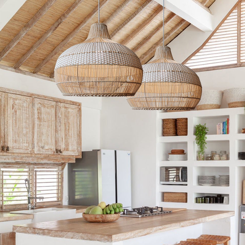 Pendant Light Oversized Natural Rattan Drum Boho Coastal Kitchen