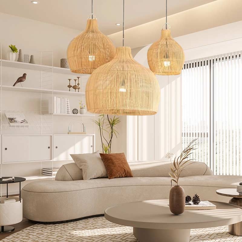 Pendant Light Oversized Rattan Bell Shape for Modern Boho Kitchen