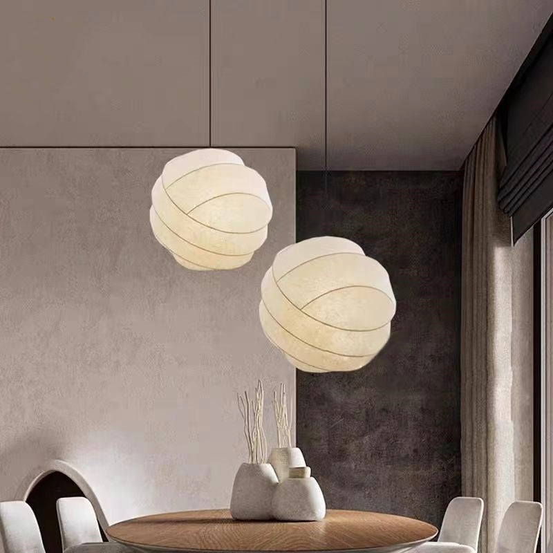 Pendant Light Oversized Ribbed Silk-Like Fabric Globe Shade Off-White