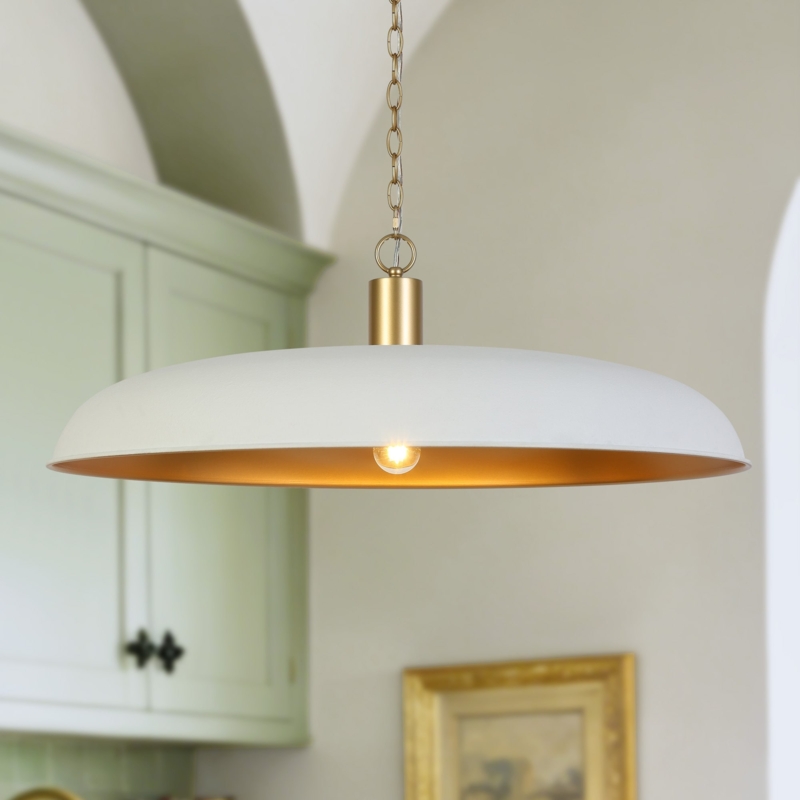 Pendant Light Oversized White Disc Gold Interior Transitional Style