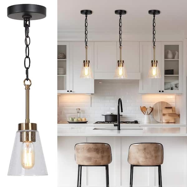 Pendant Light: Plated Brass Teardrop, Seeded Glass Shade