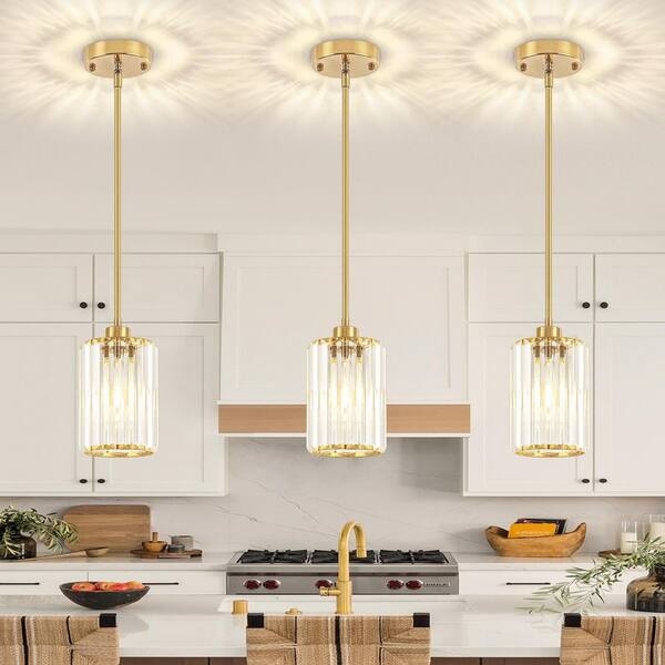Pendant Light, Polished Gold Cylinder with Textured Crystal-Like Glass